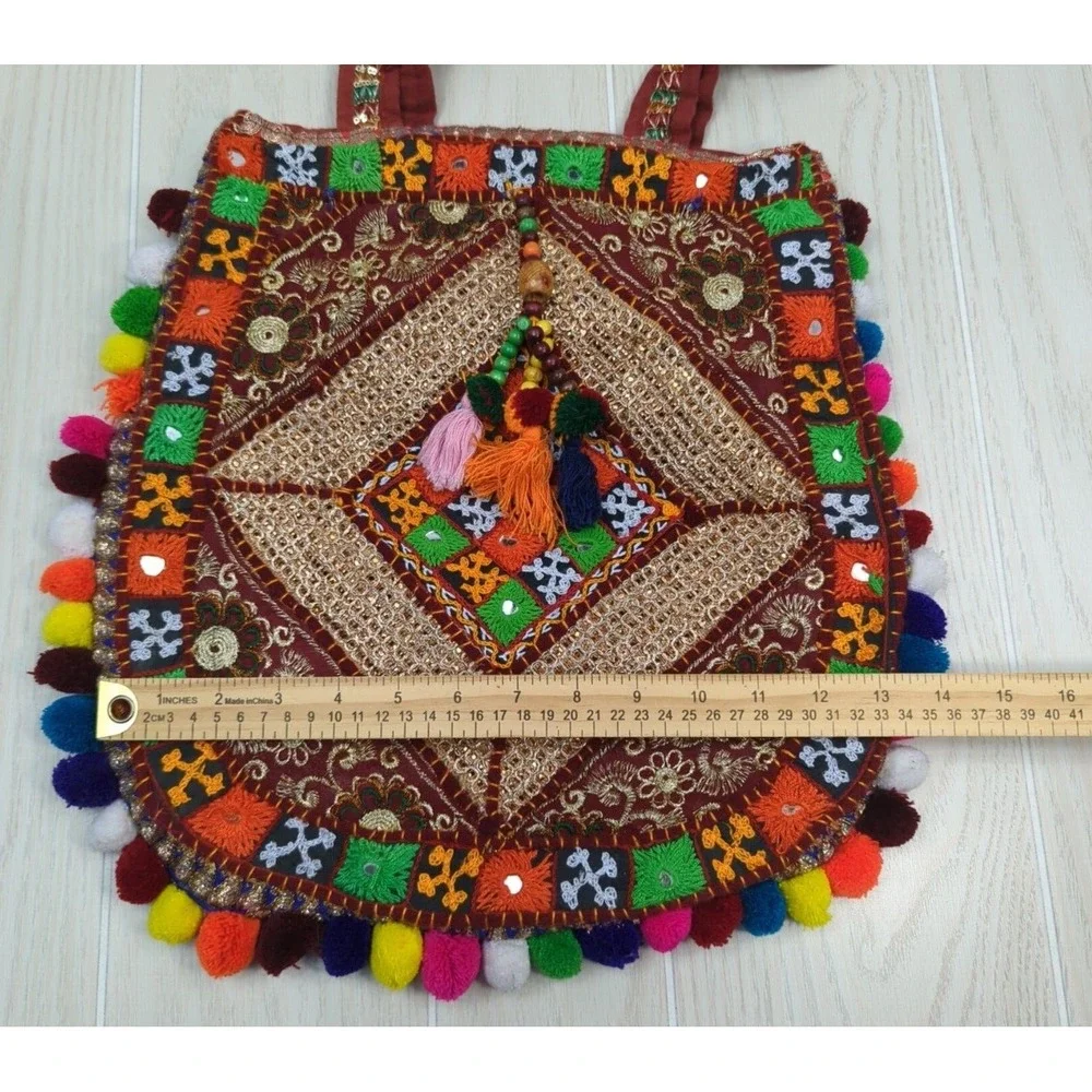 Handcrafted Made India fabric mirrored stitched hobo hippie bag purse pom poms